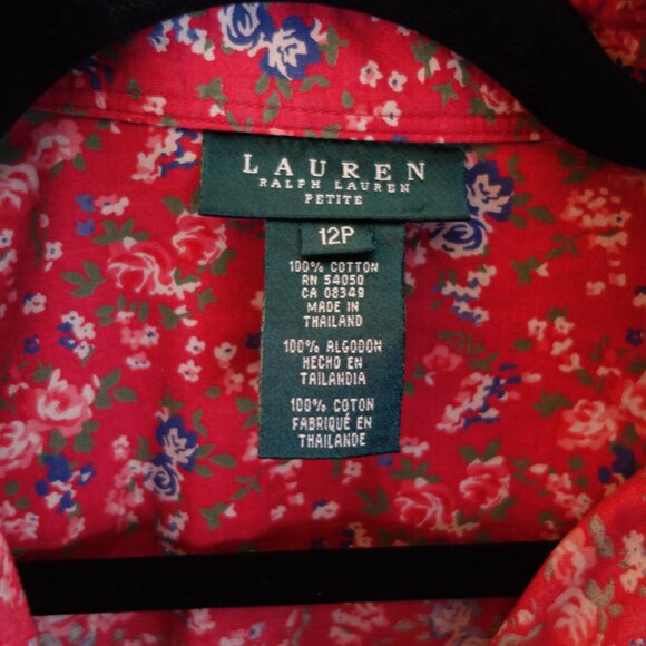 Vintage Lauren Ralph Lauren Red Prairie Floral Wrap Blouse Shirt, Size 12P - Picture 6 of 11